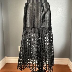 NYE Indie Grunge Faux Leather Fur Laser Cut Out Midi Skirt Alt Edgy Black 44 M